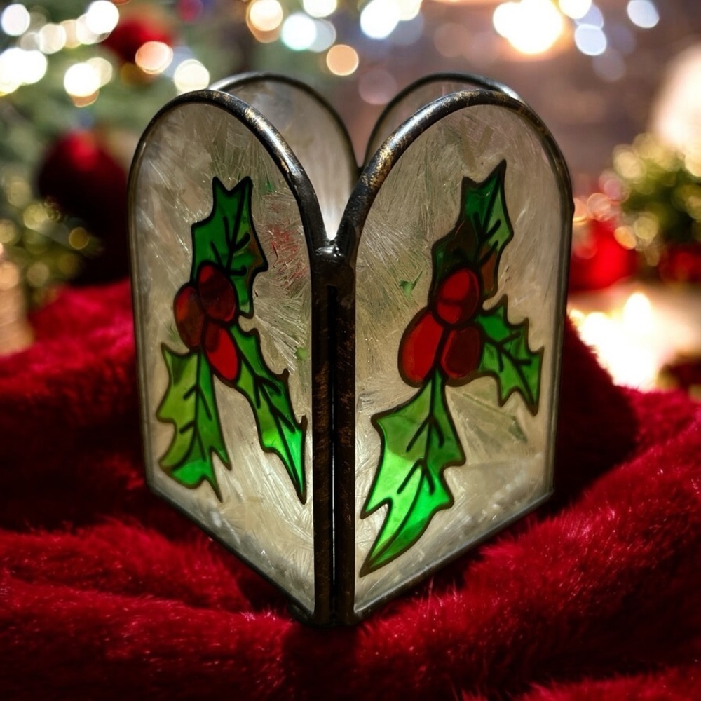 Our America Stained Glass Frosted Holly Berries Candle Holder Christmas
